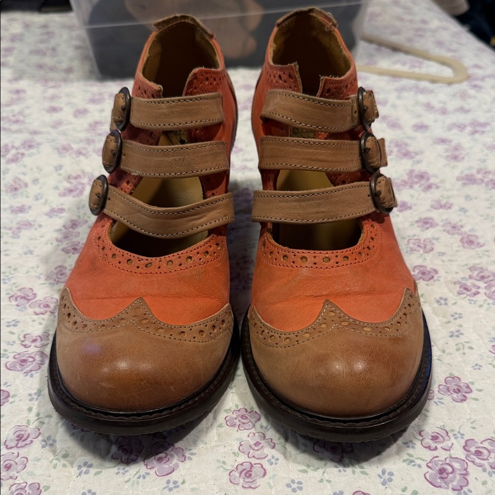 John Fluevog Coral and Tan Triple-Strap Mary Jane Shoes